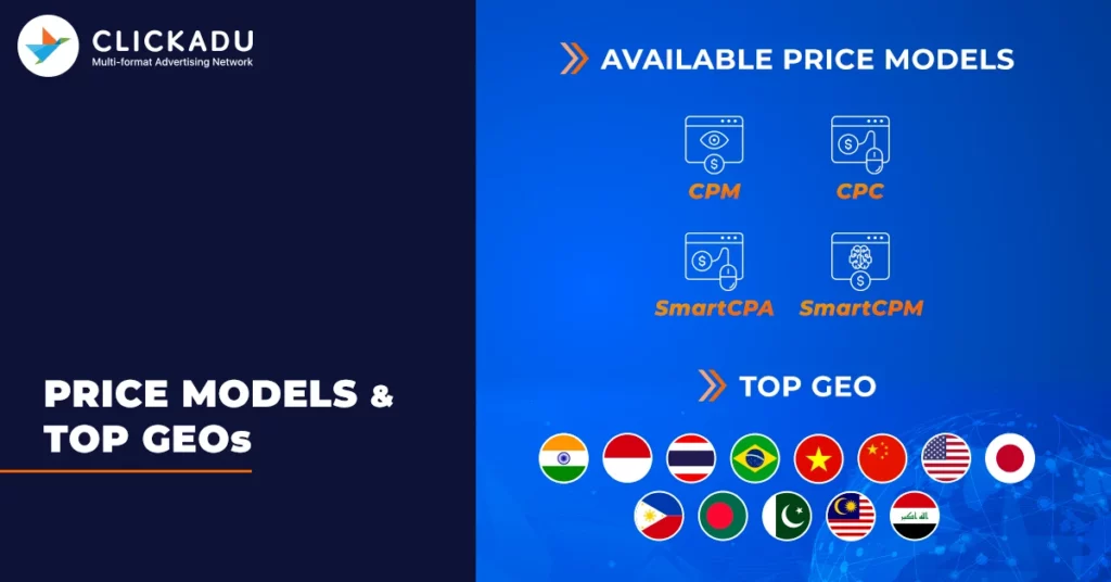 Available price models and Top GEOs by Clickadu