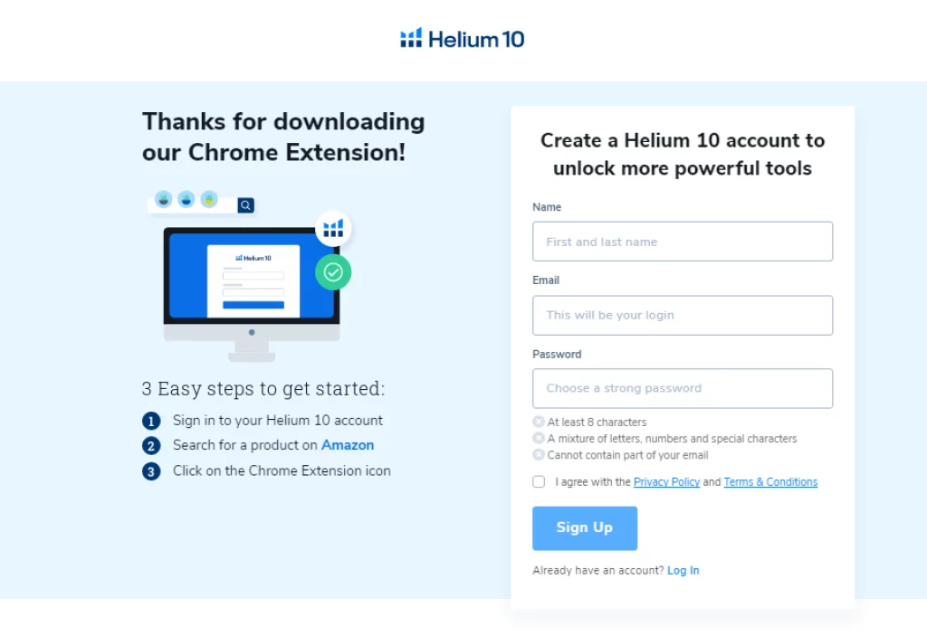 Sign up for Helium 10 Chrome Extension