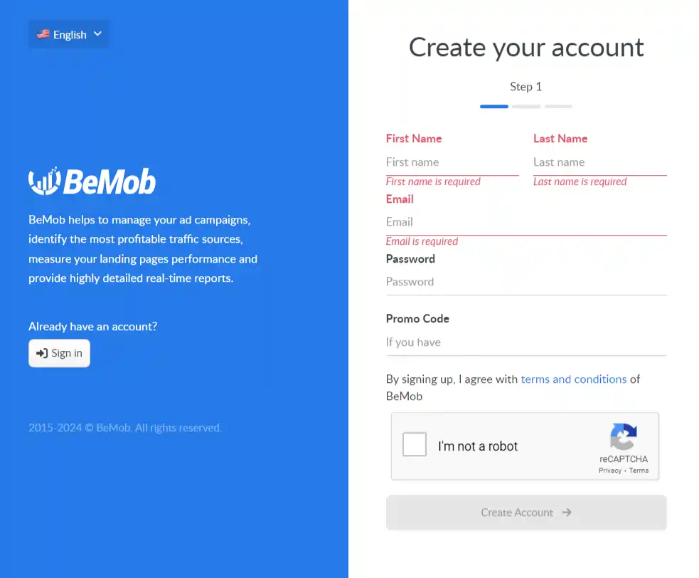 Create an Account on BeMob