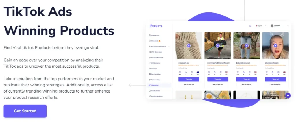 Peeksta's TikTok Ads Winning Products feature