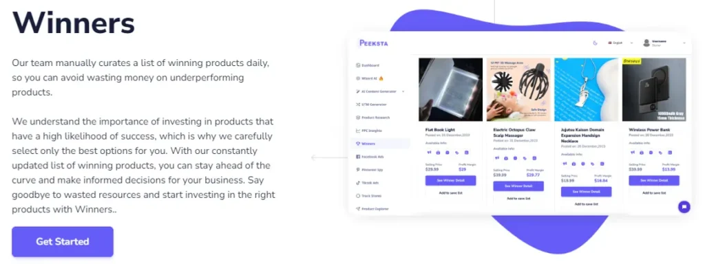 list of winning products by peeksta