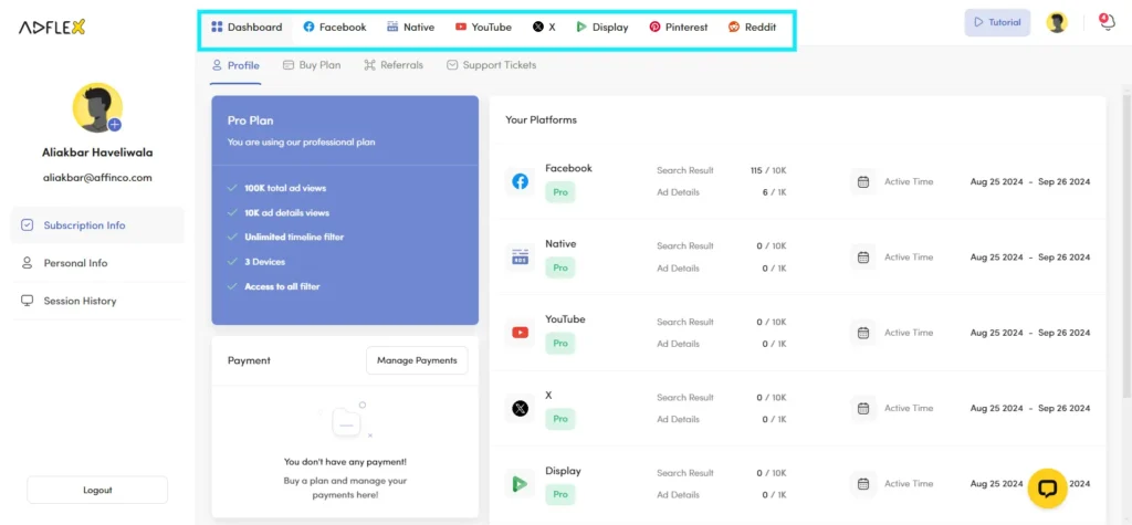 AdFlex dashboard