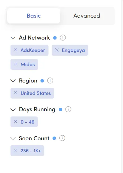 Filters of AdFlex Native Ad Panel